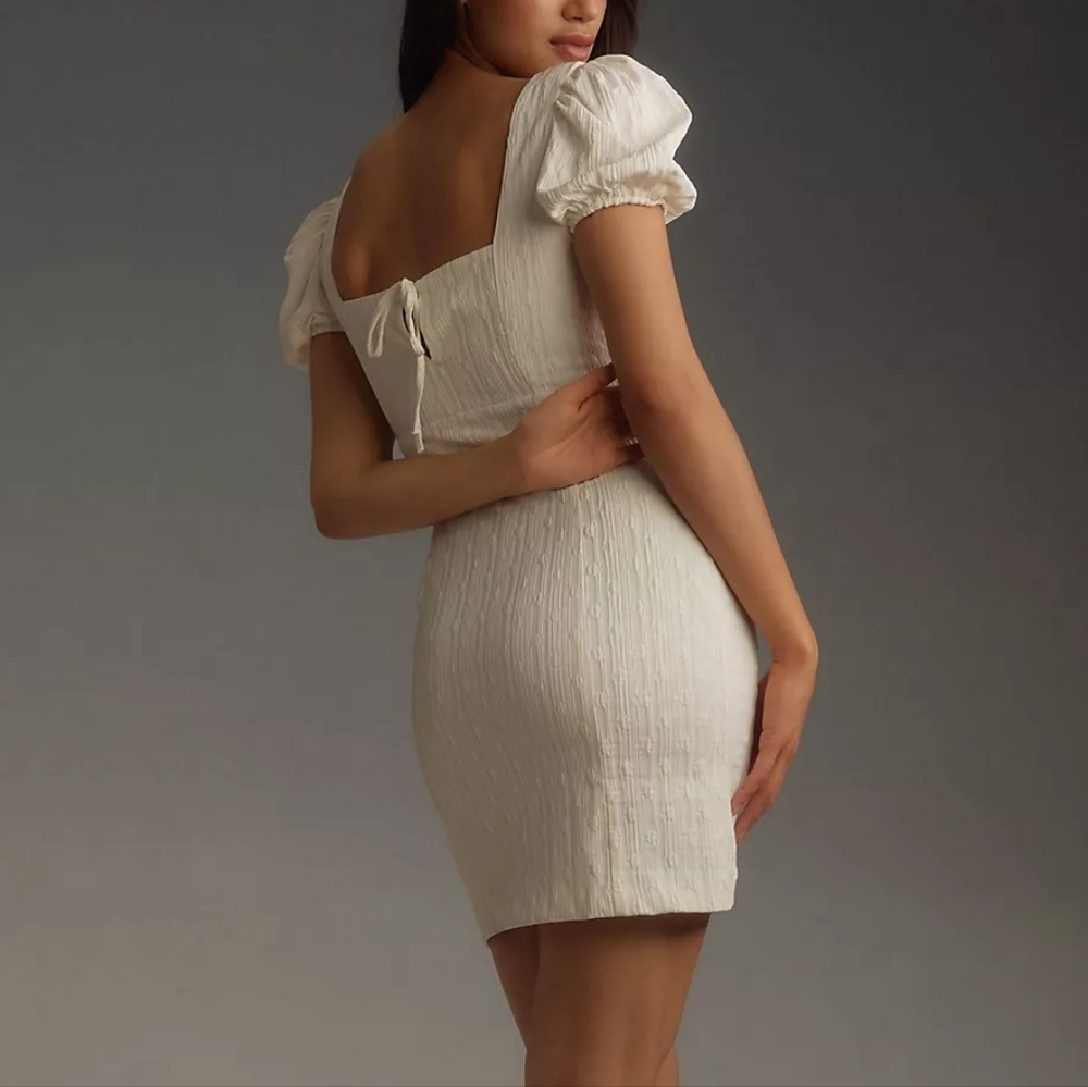 Anthropologie Maeve White Puff Sleeve Square Neck Mini Dress M NWT